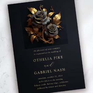 Invitación Dramáticos Rosas negros Relieve metalizado dorado 