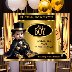 Invitación Drapes Negro Oro para Baby Shower de Caballero Som