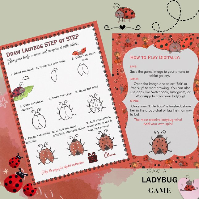 Invitación Draw a Ladybug Baby Shower Game | Digital & Print (Draw a Ladybug Baby Shower Game  Digital & Print Invitation)