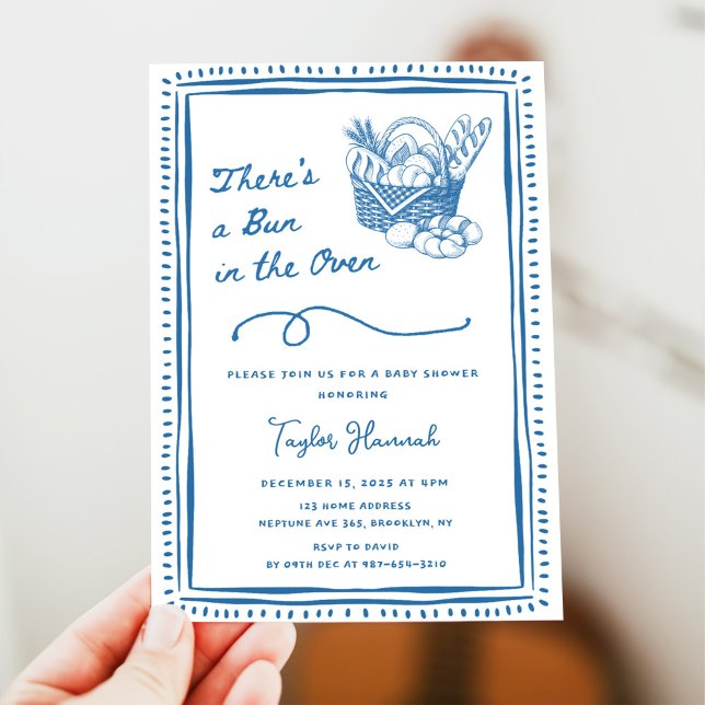 Invitación Drawn Blue Bun in the Oven Baby Shower Party (Subido por el creador)