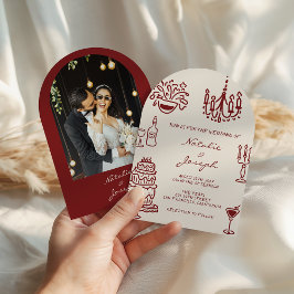 Invitación Drawn Burgundy Romantic Photo Arched Wedding