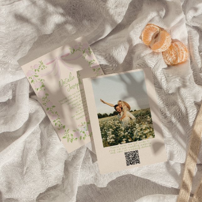 Invitación  Drawn Green Pink Bow Floral Photo QR Code Wedding (Subido por el creador)