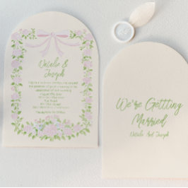 Invitación Drawn Green Pink Bow Floral Summer Arched Wedding