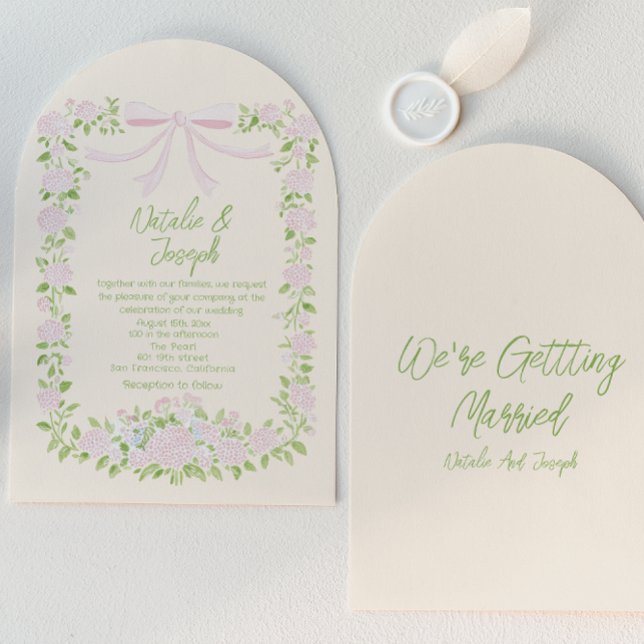 Invitación Drawn Green Pink Bow Floral Summer Arched Wedding (Subido por el creador)