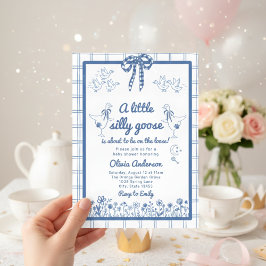 Invitación Drawn Silly Goose blue Gingham Ribbon Baby Shower