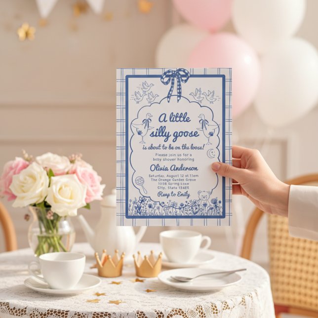 Invitación Drawn Silly Goose blue Gingham Ribbon Baby Shower (Subido por el creador)
