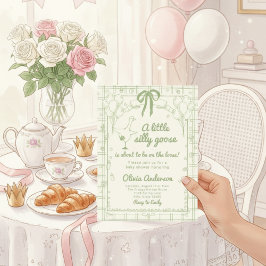 Invitación Drawn Silly Goose green Gingham Ribbon Baby Shower