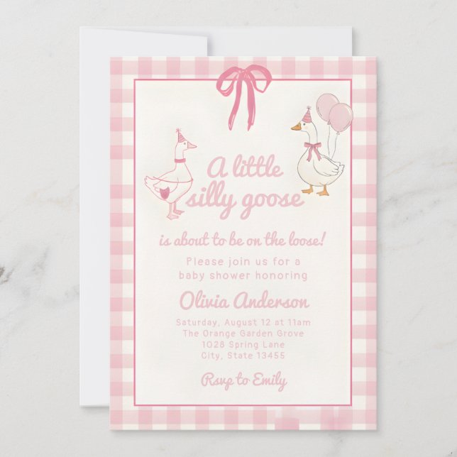 Invitación Drawn Silly Goose pink Gingham Ribbon Baby Shower (Anverso)