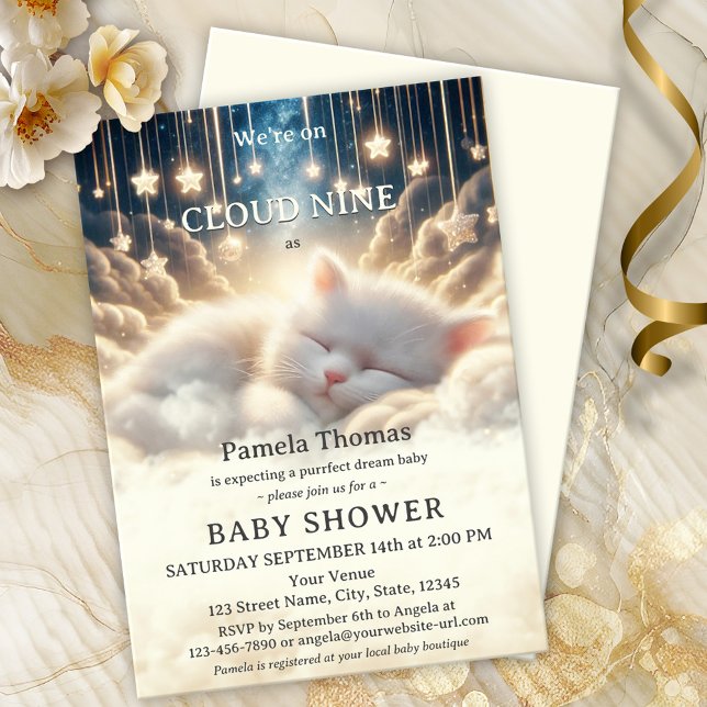 Invitación Dream Baby Cloud Nueve Baby Shower (An adorable baby shower invitation featuring a kitten sleeping on cloud nine with twinkling stars)