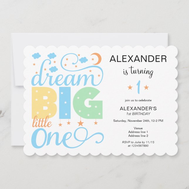 Invitación Dream Big Little One Blue Baby Boy Primer cumpleañ (Anverso)
