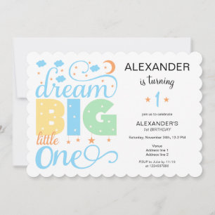 Invitación Dream Big Little One Blue Baby Boy Primer cumpleañ