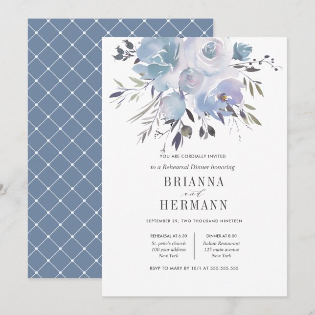 Invitación Dream Blue | Cena de ensayo Boda de flores (Anverso / Reverso)