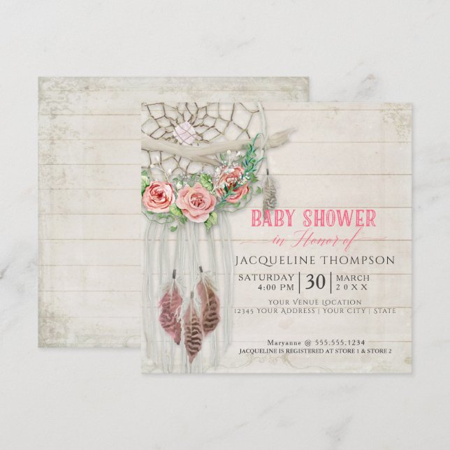 Invitación Dream Catcher Baby Shower Chica BOHO Wood Feather (Anverso / Reverso)