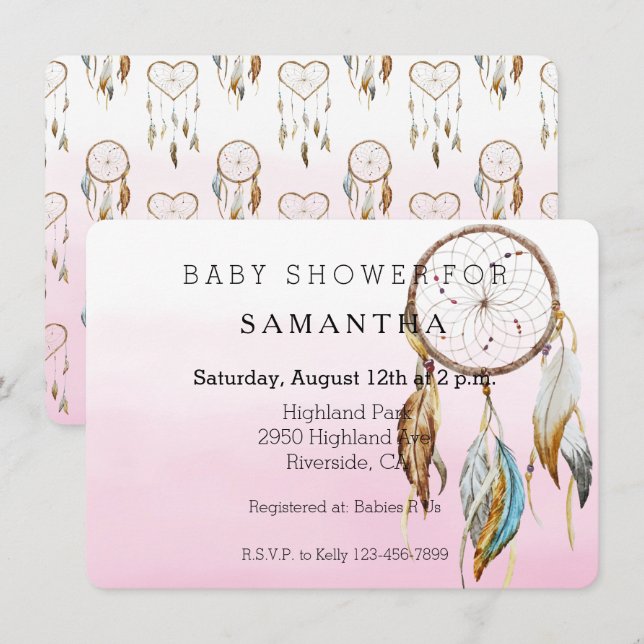 Invitación Dream Catcher Pink Watercolor ducha bebé (Anverso / Reverso)