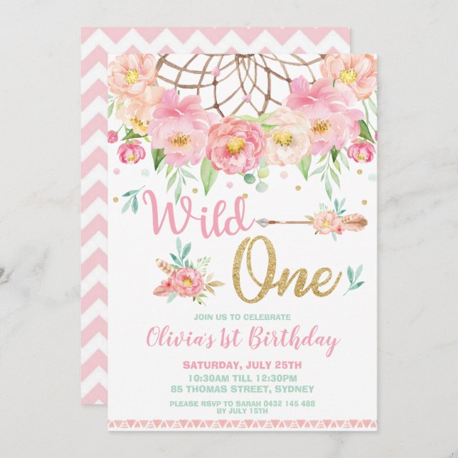 Invitación Dream Catcher Wild Un primer cumpleaños de Boho Fl (Anverso / Reverso)