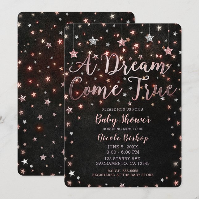Invitación Dream Come True Black Rosa Gold Stars Baby Shower (Anverso / Reverso)