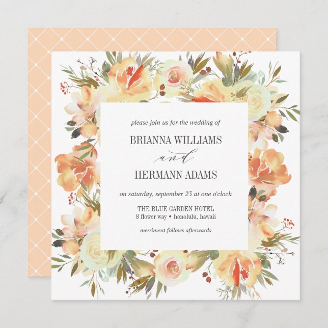 Invitación Dream Peach | Fancy Spring Floral Diamond Boda (Anverso / Reverso)