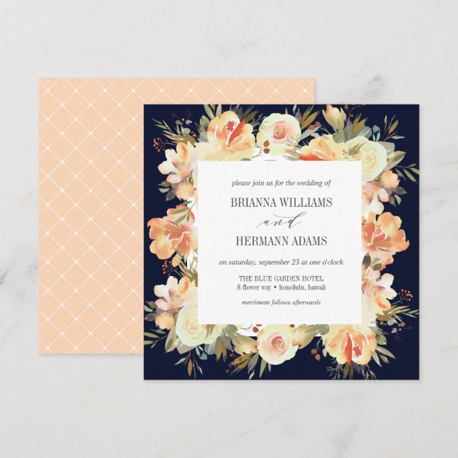 Invitación Dream Peach & Navy | Boda de diamantes florales de (Anverso / Reverso)