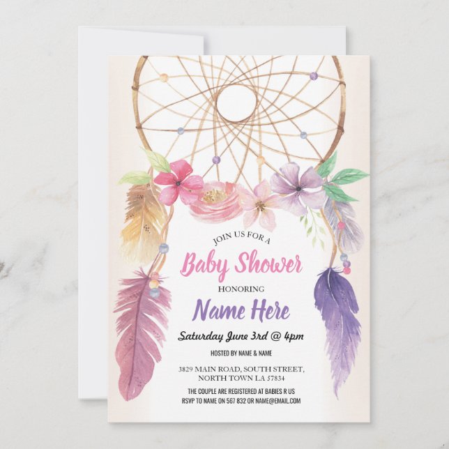 Invitación Dreamcatcher Baby Shower Floral Invitar rosa (Anverso)