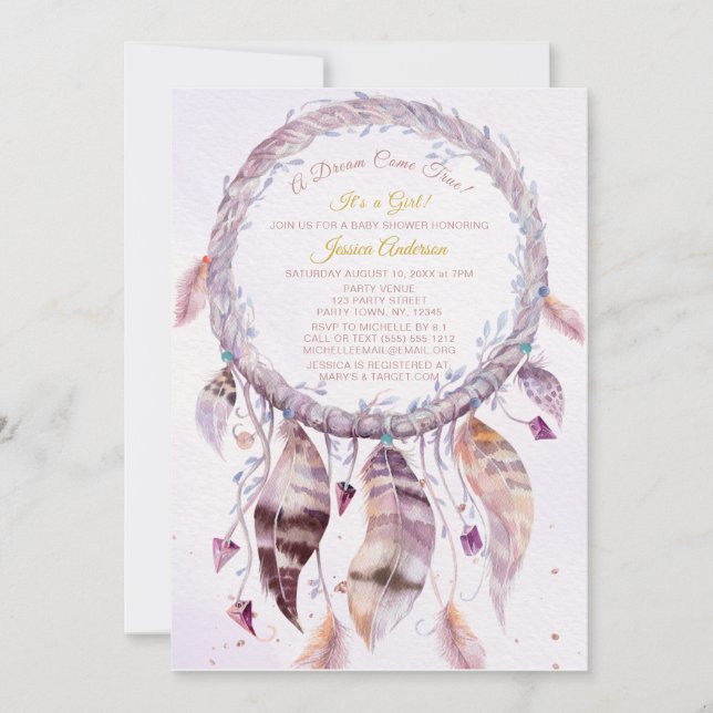 Invitación Dreamcatcher con Feathers Chica Baby Shower (Anverso)