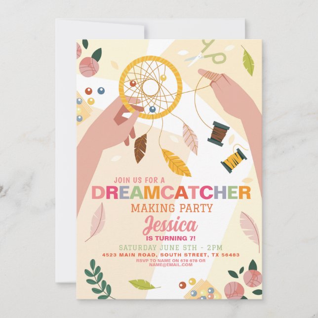 Invitación Dreamcatcher Fabricando Artesanías Beads de cumple (Anverso)