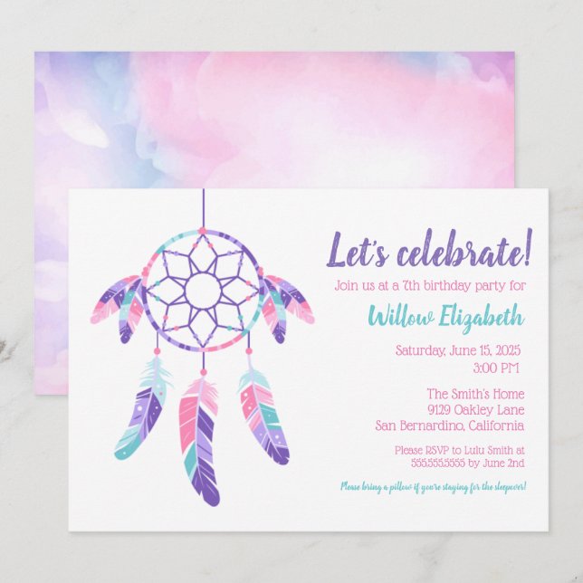 Invitación Dreamcatcher fiesta de cumpleaños verde azulado pú (Anverso / Reverso)