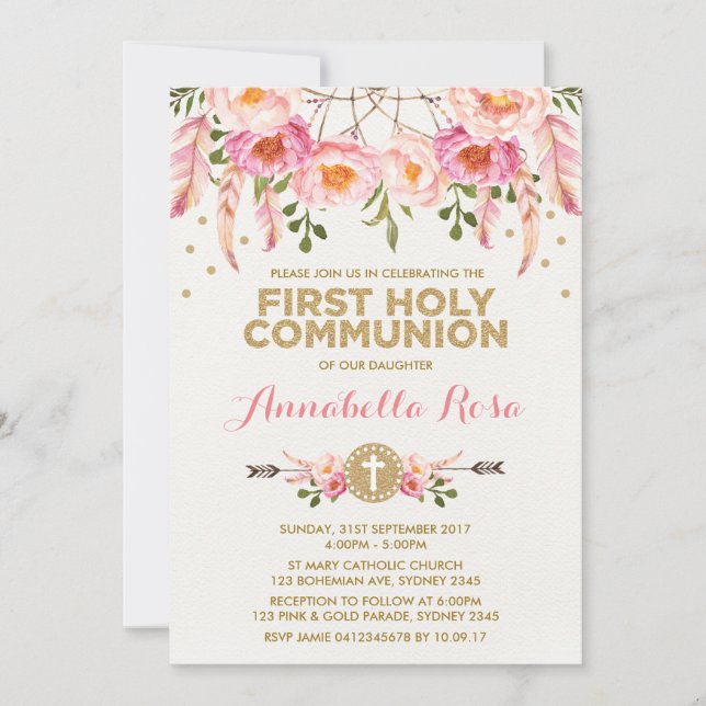 Invitación Dreamcatcher Moda de Santa Comunión Floral de oro  (Anverso)
