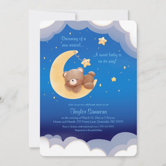 Invitación Dreaming New Arrival Bear Night Sky Baby Shower (Anverso)