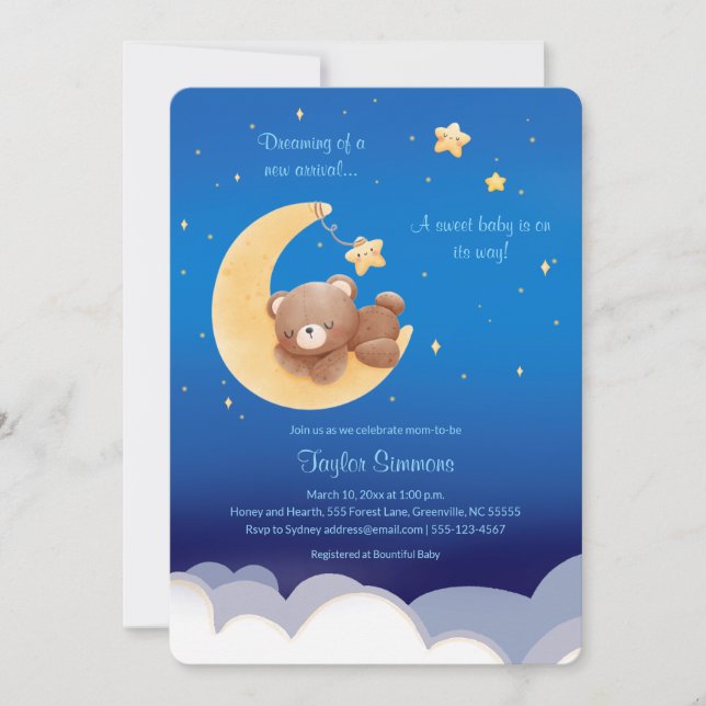 Invitación Dreaming New Arrival Teddy Bear Moon (Anverso)
