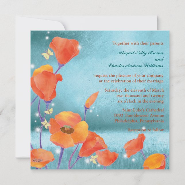 Invitación Dreaming Poppy Red & Turquoise Boda (Anverso)