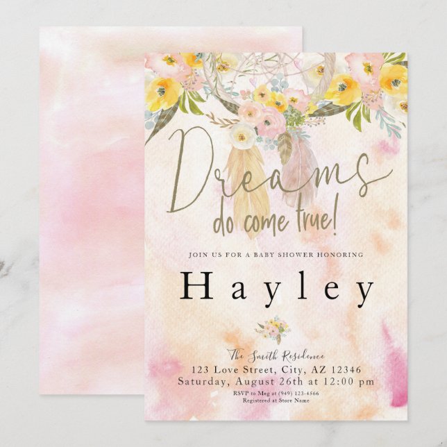 Invitación Dreams Do Come True Watercolor Boho Baby Shower (Anverso / Reverso)