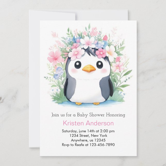 Invitación Dreamscape Watercolor Chica Penguin Baby Shower (Anverso)