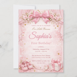Invitación Dreamy and Glitter Floral Pink Bow 1st Birthday