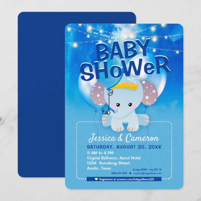 Invitación Dreamy Blue Balloons Baby Elephant Baby Shower (Anverso / Reverso)