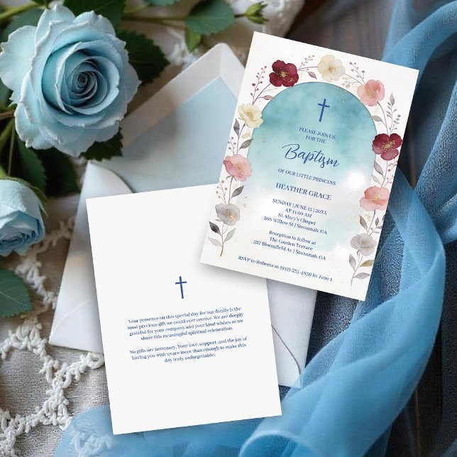 Invitación Dreamy Blue Shades Floral Frame Arch Baptisme (Dreamy Digital Watercolor Blue Shades Floral Frame Arch Shape Baptism Invitation Cards. )