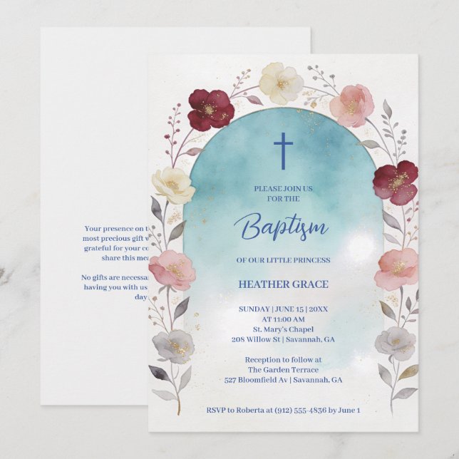 Invitación Dreamy Blue Shades Floral Frame Arch Baptisme (Anverso / Reverso)