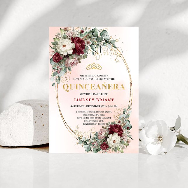 Invitación Dreamy Boho Burgundy Floral Eucalyptus Gold Quince (Dreamy Boho Burgundy Floral Eucalyptus Quince Invite)