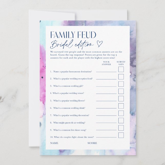 Invitación Dreamy Bridal Feud Trivia Shower Game Card (Anverso)