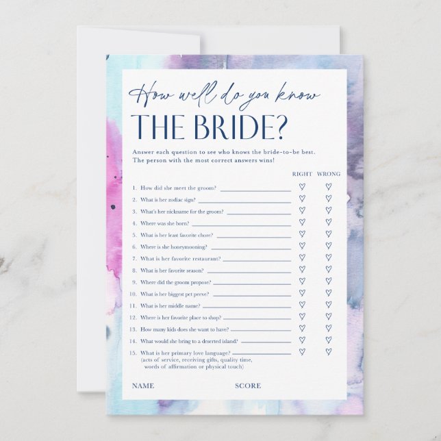 Invitación Dreamy Bridal Shower Questionnaire Game Card (Anverso)