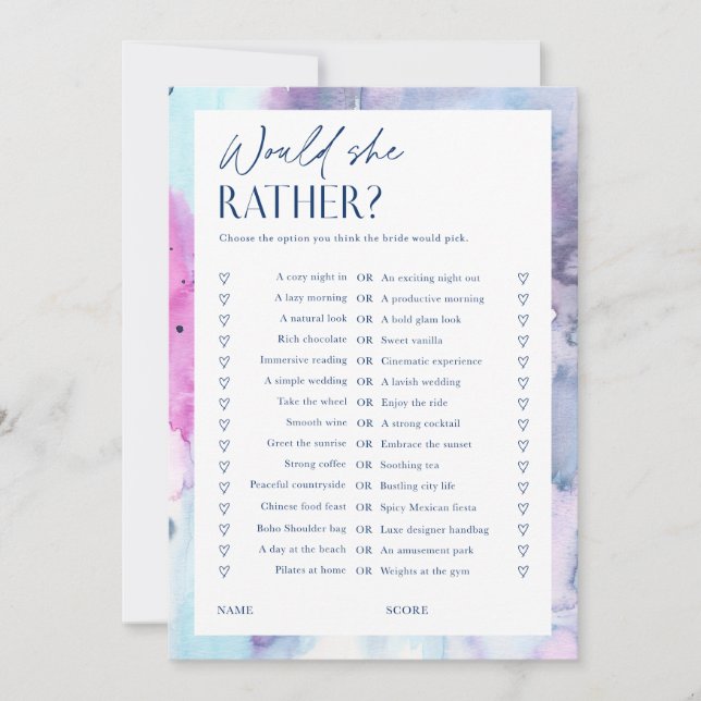 Invitación Dreamy Bridal Shower Would She Rather Game Card (Anverso)