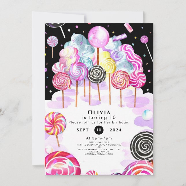 Invitación Dreamy Candyland Birthday (Anverso)