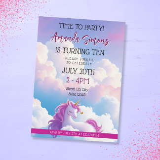 Invitación Dreamy Cloud Magical Unicorn Girl 10th Birthday