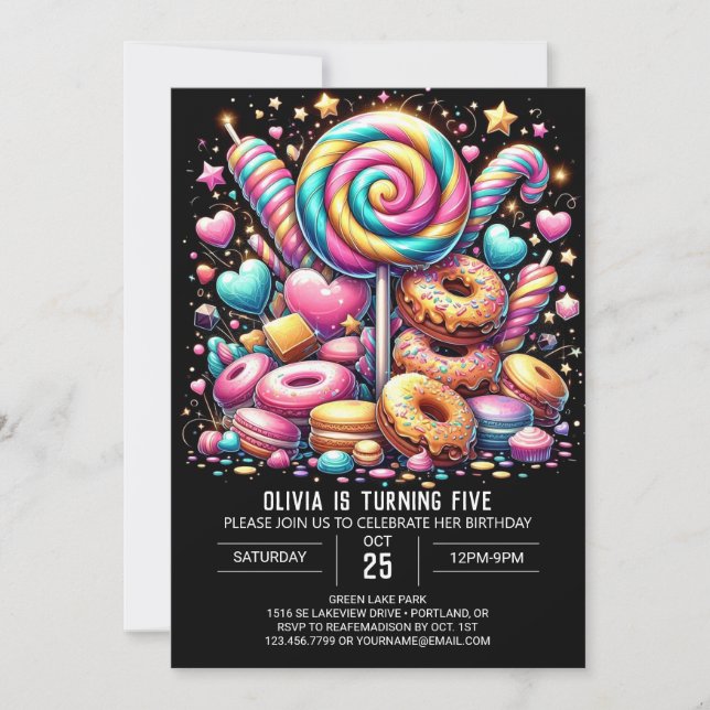 Invitación Dreamy Cute Candyland Cumpleaños Digital (Anverso)