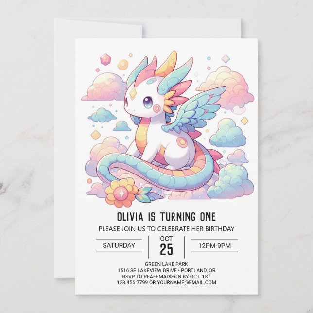 Invitación Dreamy Cute Dragon 1er cumpleaños (Anverso)