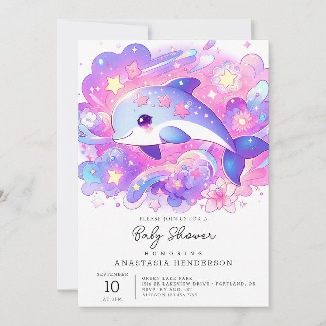 Invitación Dreamy Dolphin Baby Shower (Anverso)