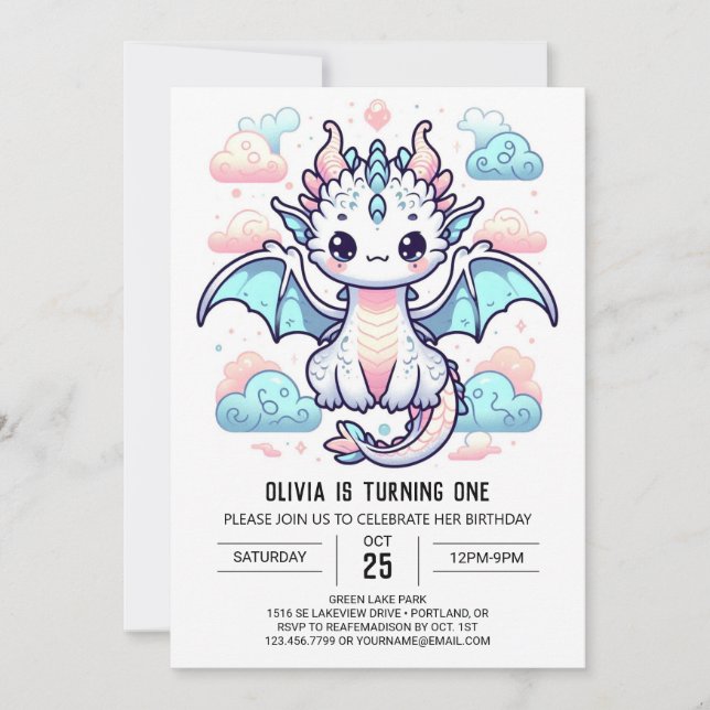 Invitación Dreamy Dragon 1er cumpleaños (Anverso)