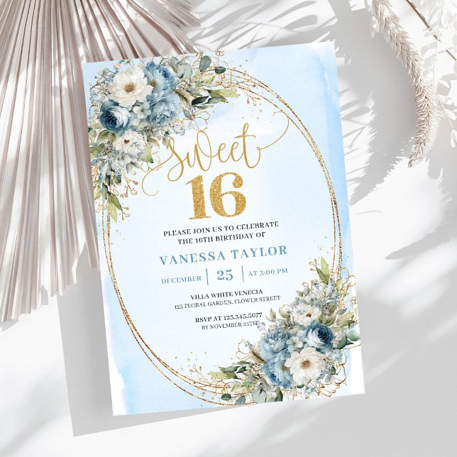 Invitación Dreamy Dusty Blue Greenery Sweet 16th Birthday  (Dreamy Dusty Blue Greenery Sweet 16th Birthday Invite)