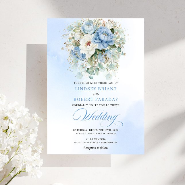 Invitación Dreamy Dusty Blue Peony Gold Floral Wedding (Dreamy Dusty Blue Peony Gold Floral Wedding)