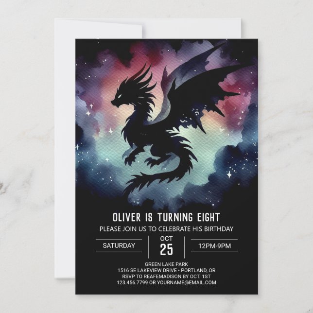 Invitación Dreamy Fiery Dragon Birthday Personalizable (Anverso)
