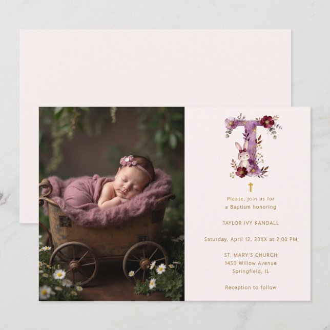 Invitación Dreamy Funny Bunny Romantic Floral T Baptism (Anverso / Reverso)